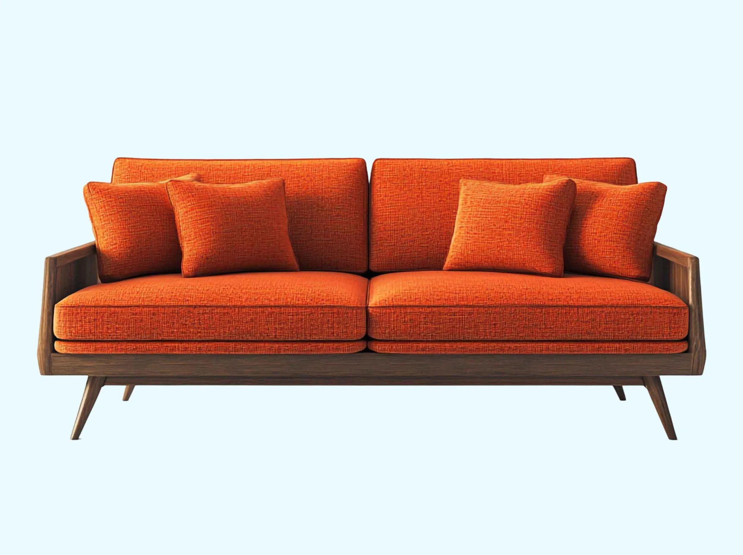 A vibrant orange couch adorned with two cozy pillows, perfect for showcasing in e-commerce furniture 3D rendering